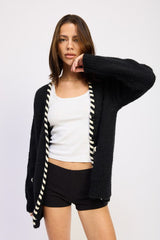 LEATHER TRIM CARDIGAN WITH BUTTONS