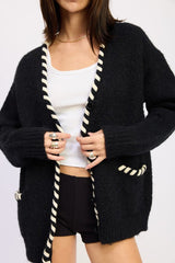 LEATHER TRIM CARDIGAN WITH BUTTONS