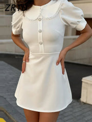 Elegant Doll Collar Women's Dress 2024 Spring Summer Fashion Slim Short Sleeve Button Female Dresses Lady High Street Vestidos