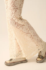Cream Flare Pants in Floral Lace