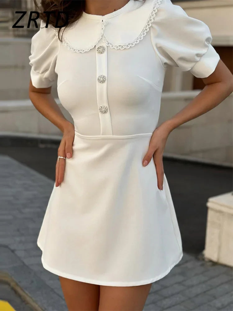 Elegant Doll Collar Women's Dress 2024 Spring Summer Fashion Slim Short Sleeve Button Female Dresses Lady High Street Vestidos