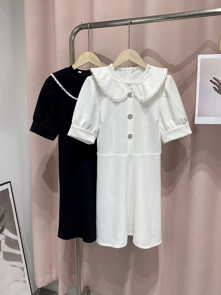 Elegant Doll Collar Women's Dress 2024 Spring Summer Fashion Slim Short Sleeve Button Female Dresses Lady High Street Vestidos