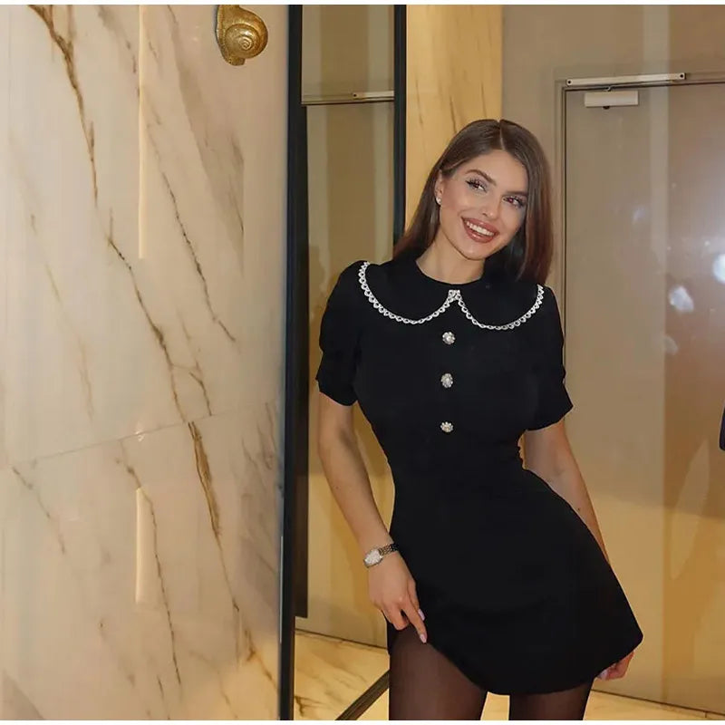 Elegant Doll Collar Women's Dress 2024 Spring Summer Fashion Slim Short Sleeve Button Female Dresses Lady High Street Vestidos